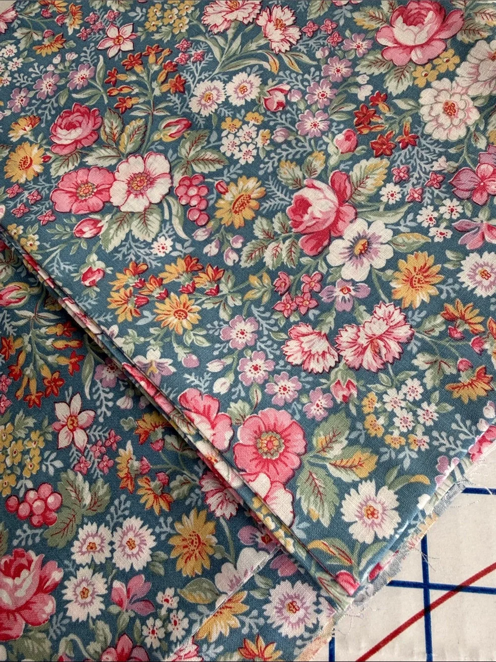 Vintage 1980s Floral Fabric 1 Yard x 44 Teal Pink Roses English Garden Cotton